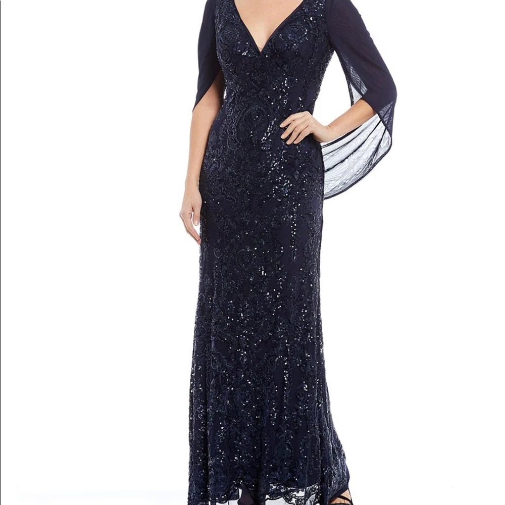 Navy matte chiffon sequined dress with navy back drape attached at the shoulders